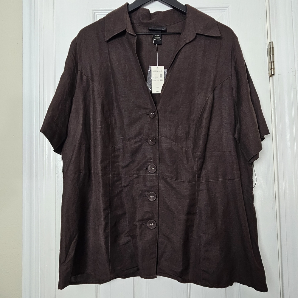 NWT brown linen blend shirt, Lane Bryant short sleeves, button-up blouse, 18/20